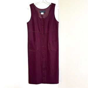Vintage Wool Blend Shift Dress Button Front Sleeveless Midi Maroon Harve Bernard